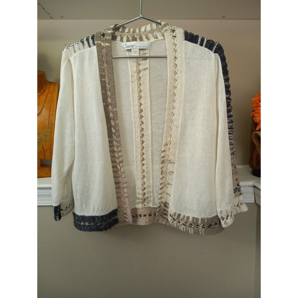Curio Womens Crochet Long Sleeve Open Cardigan Sweater Size L